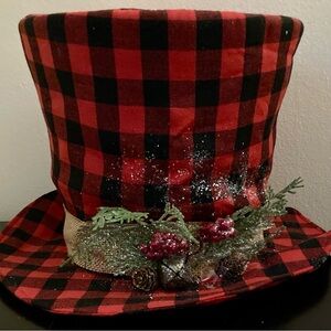 Red and Black Plaid Top Hat Tree Topper with Festive Decor